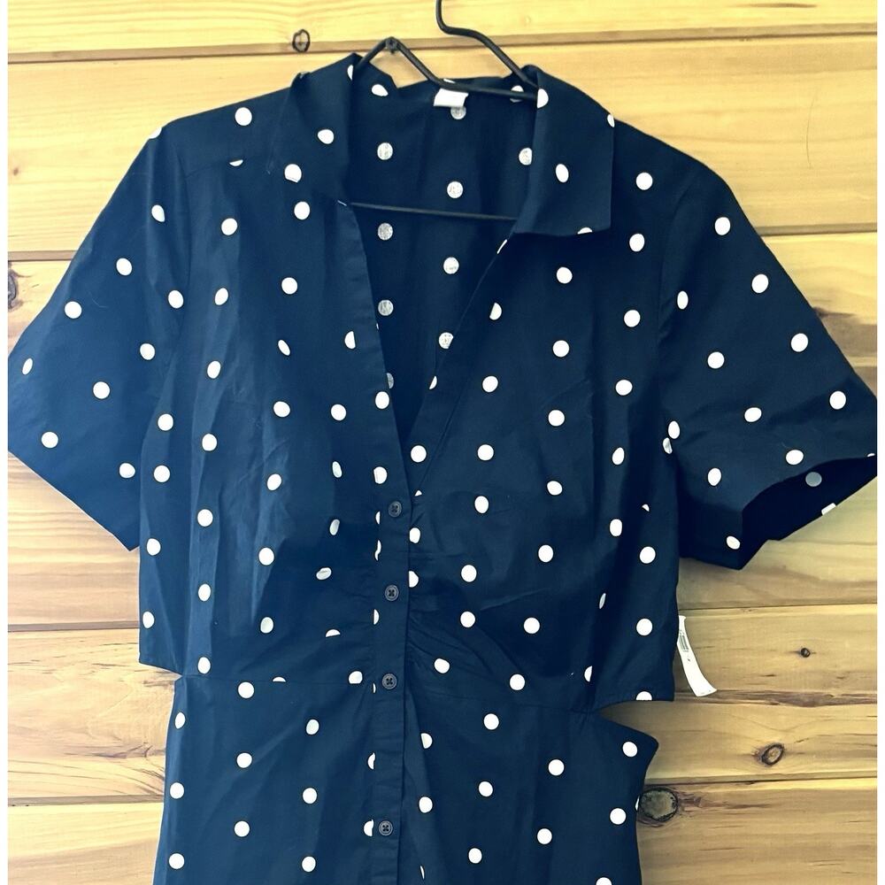 Old Navy NWT Midi Cut Out Navy White Polka Dot Shirt Dress Sz LT Pockets Cotton - Picture 3 of 7